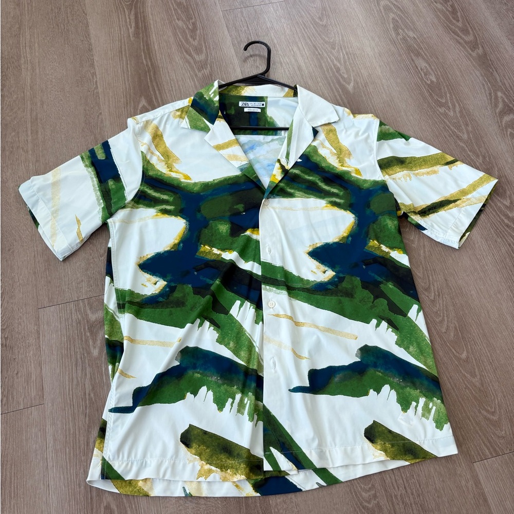 Zara Men's Green and Blue Patterned Shirt